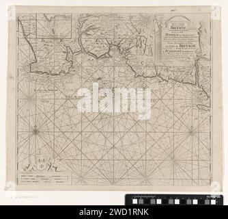 Pass card di una parte della costa meridionale della Bretagna, anonima, stampa 1681 - 1803 Pass card di una parte della costa meridionale della Bretagna, con due rose di bussola, il nord è sopra. Sopra una scommessa con una mappa dettagliata di una parte della costa. In alto a destra un cartiglio con il titolo e l'indirizzo dell'editore, affiancato da una donna con la corona di consiglieri e due uomini di cui uno ha una lancia. In basso a sinistra tre putti con uno stemma con gigli francesi sulla scala, che è mostrato in tedesco, spagnolo e inglese o miglia francesi. Incisione in carta Amsterdam / incisione fleur-de-lis  ornamento. c Foto Stock