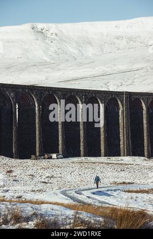 Un escursionista solitario (uomo) nello Yorkshire Dales National Park nella neve in una giornata invernale, con il viadotto Ribblehead e Whernside sullo sfondo. Foto Stock