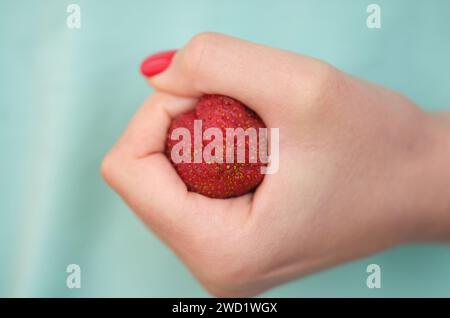 Anatomia del colon problematica nelle mani. Corbezzato di fragola in pugno concetto Foto Stock
