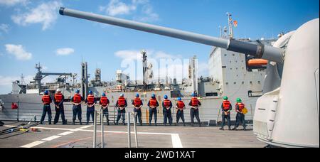 I marinai sono in formazione marinai a bordo del cacciatorpediniere guidato-missilistico USS John Paul Jones. Foto Stock