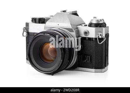 Vecchia fotocamera, pellicola per fotografia retrò, fotocamera vintage isolata su sfondo bianco Foto Stock