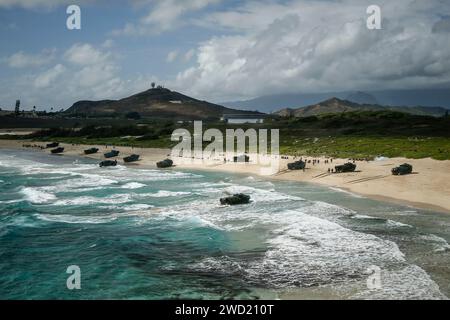 I veicoli anfibi d'assalto AAV-P7/A1 scaricano i membri del servizio durante un atterraggio anfibio alle Hawaii. Foto Stock