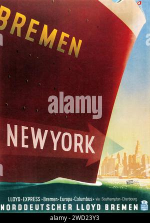 "BREMA" "NEW YORK" "NORDDEUTSCHER LLOYD BREMEN" "LLOYD-EXPRESS · Bremen-Europa-Columbus via Southampton-Cherbourg" il poster mostra l'imponente prua della nave di Brema con lo skyline di New York sullo sfondo, promuovendo il servizio espresso della Norddeutscher Lloyd Bremen per New York. Lo stile è indicativo della fine degli anni '1930, con forme geometriche forti e un'audace tavolozza di colori. Foto Stock