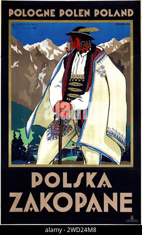 "POLOGNE POLEN POLAND" "Polska Zakopane" raffigurante un uomo in tradizionale abbigliamento highlander polacco, l'immagine cattura l'essenza culturale di Zakopane, Polonia. Lo stile e' Art Deco con colori audaci e forme piatte, che mettono in risalto il costume tradizionale su uno sfondo montuoso. Foto Stock