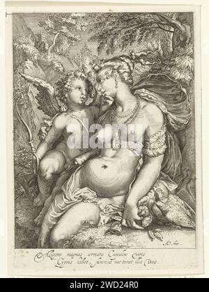 Venere en Amor, anonimo, dopo Jan Saenredam, dopo Hendrick Goltzius, 1631 stampa Venere seduto da un albero in un paesaggio montuoso. Oltre a lei, Amor è apparso con la sua freccia e l'arco e le ha accarezzato il mento. A destra in primo piano due piccioni. Incisione su carta nei Paesi Bassi settentrionali Venere e Cupido (Cupido non è un semplice attributo). montagne. amanti; corteggiamento, flirtare. altri uccelli: colomba (+ animali utilizzati simbolicamente) Foto Stock