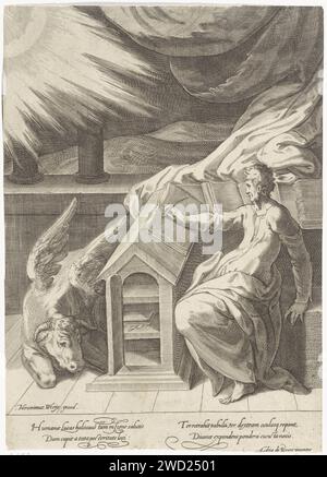 Lucas e De OS, Isaac Duchemin (attribuito a), dopo Adriaan de Weerdt, 1563 - prima della stampa del 1590 l'evangelista Lucas è seduto al suo tavolo e scrive il suo Vangelo. Il bue alato si trova di fronte al tavolo. Nel margine una didascalia a quattro righe, in due colonne, in latino. Tipografia: Southern Netherlandspublisher: Anversa carta incisione St. Luca scrive il suo Vangelo, di solito un bue (alato) presente Foto Stock