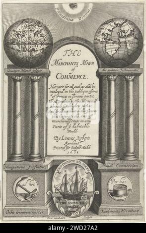 L'occhio che guarda dall'alto l'architettura coronata da World Globe e Hemelgrobe su colonne su entrambi i lati del titolo, due medaglioni su piedistallo con ancora e bussola scudo fiancheggiante con nave, Cornelis van Dalen (i), stampa del 1638 l'occhio visibile guarda in basso sull'architettura coronata da globo mondiale e Hemelgrobe poggia su colonne su entrambi i lati dell'arco con titolo, due medaglioni con ancora e bussola sul piedistallo uno scudo ovale con nave e motto: deo ducente nocet, deo repub et al.icis. Carta che incide l'occhio onnivisibile, triangolo con occhio  simbolo di Dio padre. sfera, glob Foto Stock