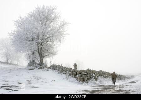 Altopiano di Aubrac. Attraversamento di un sentiero in pietra in inverno. Lozere. Occitanie. Francia Foto Stock