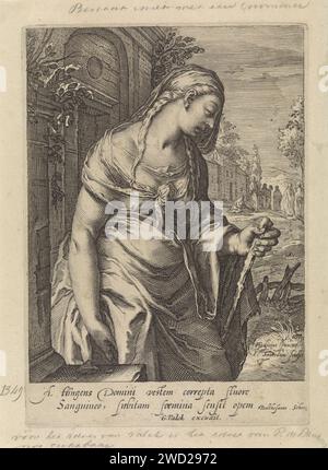 La donna che scorre il sangue, Jan Saenredam, dopo Hendrick Goltzius, 1661 - 1726 stampa in primo piano la donna che soffriva di fluits di sangue. Soffre di un bastone da passeggio. Cristo guarisce la donna sullo sfondo. La stampa ha una didascalia latina ed è parte di una serie di stampa con donne famose del nuovo Testamento. Tipografia: Paesi Bassi del Nord spublisher: Amsterdam carta incisione guarigione di una donna con un problema di sangue: Si inginocchia davanti a Cristo dopo aver toccato la sua veste (Matteo 9:20-22; Marco 5:25-34; Luca 8:43-48) Foto Stock