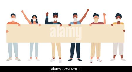 Gruppo di giovani misti uomini e donne multiculturali in piedi insieme e tenendo striscione vuoto. Persone che partecipano a sfilate, raduni o proteste. Maschio a Illustrazione Vettoriale