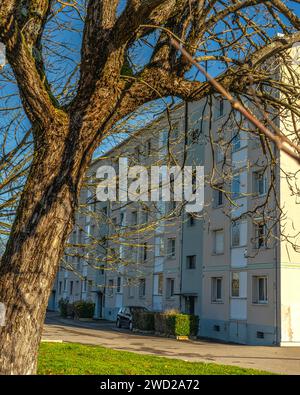 Edifici residenziali alla periferia della città francese di Saint-Quentin-Fallavier. Saint-Quentin-Fallavier, dipartimento dell'Isère, Francia Foto Stock