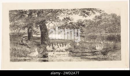 Oche vicino all'acqua, Elias Stark, 1887 stampa Una oche disordinata sull'acqua. Sulla riva sotto gli alberi, un ragazzo con le braccia è seduto intorno alle ginocchia. Nieuwer-Amstel paper etching water-Birds: goose. alberi. giovani, adolescenti Foto Stock