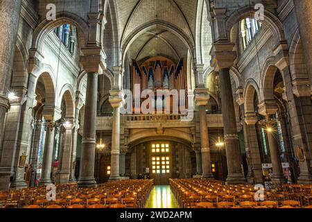 Navata principale con organo sopra l'ingresso di St Charles Cathedral. Saint-Étienne, regione Auvergne-Rhône-Alpes, Francia, Europa Foto Stock