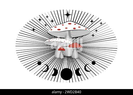 Funghi magici su una galassia mistica e radiosa in stile bohémistico, Amanita Muscaria celeste, fase lunare, simbolo della stregoneria, logo colorato esoterico Illustrazione Vettoriale