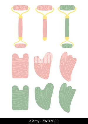 Set di raschietto gua Sha e rullo facciale con massaggio di giada. Raccolta di utensili anti-invecchiamento al quarzo rosa e verde. Medicina tradizionale cinese. Face yoga f Illustrazione Vettoriale