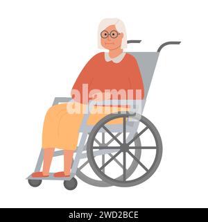 Anziana donna disabile con pedalò. Vecchia nonna su sfondo bianco. Casa di riposo. Donna anziana che si ammala all'ospedale. Ve Illustrazione Vettoriale