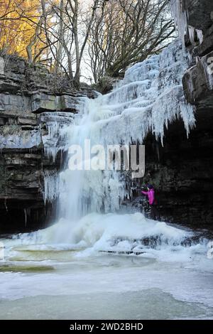 Summerhill Force, Teesdale, County Durham, Regno Unito. 18 gennaio 2024. Meteo Regno Unito. Gli escursionisti apprezzano lo spettacolo della cascata parzialmente ghiacciata di Summerhill Force, poiché le temperature rimangono ben al di sotto del congelamento a Teesdale, nella contea di Durham. Crediti: David Forster/Alamy Live News Foto Stock