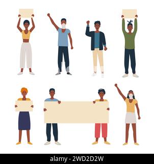Gruppo di afroamericani neri che protestano, manifestano, sciopero con striscioni, cartelloni e pugno a mano alzati. Collezione di carattere maschile femminile Illustrazione Vettoriale