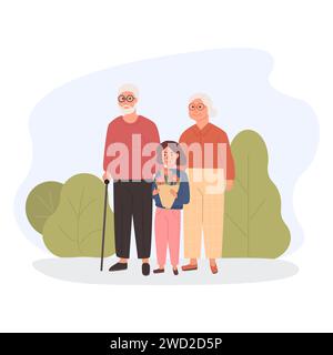 Nonni alla moda con nipote nel parco all'aperto. Nipote che tiene un fiore per la nonna. Concetto per il giorno nazionale dei nonni. Nonno con W Illustrazione Vettoriale