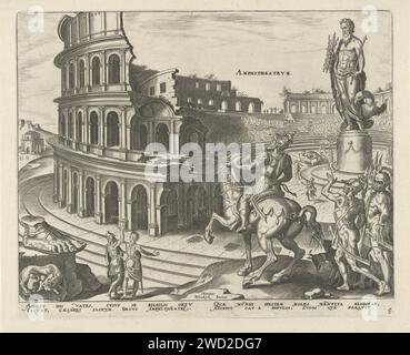 Colosseo a Roma, Philips Galle, dopo Maarten van Heemskerck, 1581 - 1633 stampa le rovine del Colosseo Romano. Al centro del Colosseo, una statua di Giove. Ci sono combattimenti in corso. In primo piano, l'imperatore Vespasiano a cavallo. Aveva ordinato la costruzione del Colosseo. A sinistra in primo piano un rilievo con Romolo e Remo che succhiano. La stampa ha una didascalia latina e fa parte di una serie sulle otto meraviglie del mondo. Tipografia: Antwerpafter design by: HaarlemHaarlempublisher: Antwerppublisher: Antwerp paper Engraving Amphitheatre. altri monumenti che sono s Foto Stock