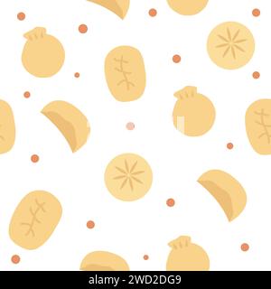 Ravioli cinesi senza cuciture. Dimsum, Gyoza o momo. Sfondo di cucina asiatica per il packaging o il web. Illustrazione vettoriale piatta. Illustrazione vettoriale Illustrazione Vettoriale