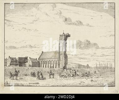 Crollata torre a Egmond aan Zee, 1741, Adriaan Spinder, 1741 - 1743 stampa Vista della torre crollata a Egmond aan Zee, il 27 novembre 1741. Sulla spiaggia pezzi e spettatori. Macchie di carta in rovina di un edificio  architettura Egmond aan Zee Foto Stock