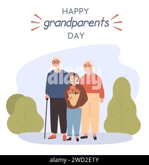 Nonno, nonna in piedi con il nipote. Abbracciano il nonno, la nonna e il nipote con bouquet di fiori. Una famiglia amorevole. Illustrazione nella Illustrazione Vettoriale