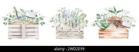 Attrezzi e attrezzature per il giardinaggio. Elementi acquerelli di annaffiatoio vintage, grembiule e guanti su sfondo bianco. Icone del giardinaggio disegnate a mano. Foto Stock