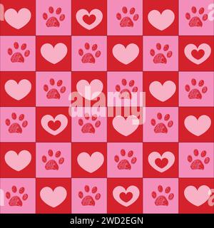 Motivo a cuori rosa e rosso a quadri con impronte di zampe Illustrazione Vettoriale