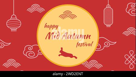 Biglietto d'auguri per il festival cinese di metà autunno. Banner con didascalia Happy Mid Autumn Festival su sfondo rosso con elementi tradizionali. Dea cinese Illustrazione Vettoriale