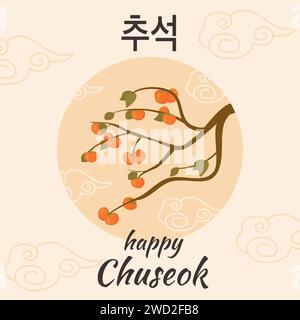 Giorno del Ringraziamento in Corea. Albero autunnale di cachi. Raccolto ricco. Biglietto d'auguri Happy Chuseok, Hangawi. Didascalia coreana. Tradizionale raccolto di luna piena Illustrazione Vettoriale
