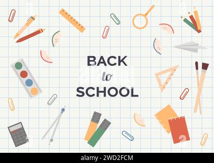 Poster di ritorno a scuola, modello di banner. Modello Back to School colorato per invito, poster, promozione, vendita. Elemento materiale scolastico Illustrazione Vettoriale