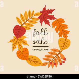 Lettere vettoriali calligrafiche di vendita autunnale. Frase isolata per le vacanze autunnali. Foglie di bosco essiccate e ghirlanda di bacche. Biglietto d'auguri autunnale o shopping stagionale Illustrazione Vettoriale