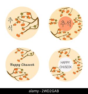 Set di distintivi design degli elementi per il giorno del Ringraziamento in Corea. Albero autunnale di cachi. Raccolto ricco. Happy Chuseok, Hangawi, didascalia coreana. Flat ve Illustrazione Vettoriale