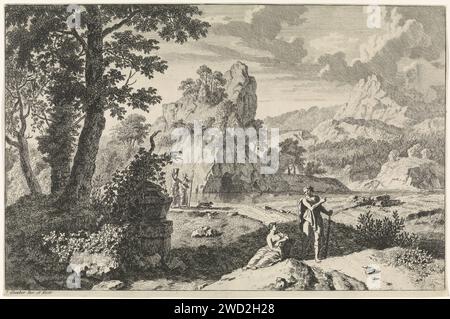 Paesaggio arcadiano con rovine, Johannes Glaber, 1656 - 1726 stampa un paesaggio arcadiano con rovine. Sulla destra c'è una strada con qualche camminatore. Un massiccio di montagna sullo sfondo. La stampa fa parte di una serie di paesaggi arcadiani. Sconosciuti pastori di carta, scene arcadiane. paesaggio con rovine. strada pubblica (+ city(-scape) con figure, personale). montagne Foto Stock