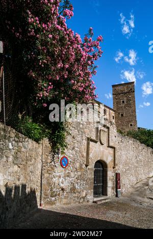 Casa Fuerte de Luis de Chaves El Viejo vista da una stradina stretta. Trujillo, Estremadura, Spagna Foto Stock