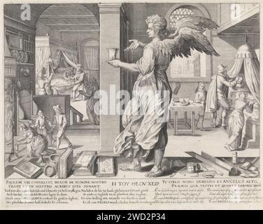 Il medico come angelo, Johann Gelle, dopo Egbert van Panderen, 1609 stampa al centro un angelo che ha una tazza di medicina in mano. Gli strumenti della medicina sono intorno a lui. Sullo sfondo l'interno di una casa. A sinistra, un medico si prende cura di un paziente malato. Indaga su di lui a destra. Quando uno malato guarisce, un medico è considerato un angelo salvatore. La stampa ha una didascalia latina, tedesca e olandese e fa parte di una serie in quattro parti sulle forme del medico. Tipografia: Antwerppublisher: Amsterdam paper Engraving medicament, medicine. medicina, scienza medica. medico, Foto Stock