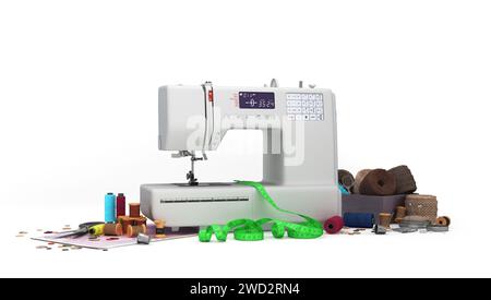 Macchina da cucire e accessori rendering 3d su bianco Foto Stock