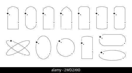 Cornici lucide dal design lineare in uno stile minimalista. Y2K e bordi di tendenza esoterici. Pacchetto di elementi vettoriali isolati su sfondo bianco. Illustrazione Vettoriale