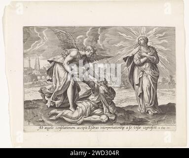 Seconda visione di Ezra: Ezra confortato dall'angelo, Maerten de Vos, 1585 stampa l'angelo Uriel comfort Ezra e lo aiuta a stare in piedi. Accanto a Ezra ci sono la visione della radiosa moglie Sion. Quando scompare, Ezra vede la città che viene costruita sullo sfondo. Sotto l'esecuzione un riferimento in latino al testo apocrifo della Bibbia in 4 Ezra 10. Carta di Anversa che incide altre scene di Ezra ed Esdras Foto Stock