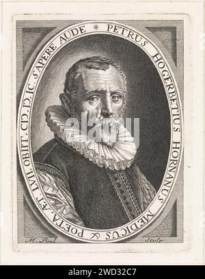 Ritratto del medico e poeta Petrus Hogerbeets, Matthijs Pool, dopo Jan Saenredam, 1696 - 1727 stampa Amsterdam paper etching / incisione Foto Stock