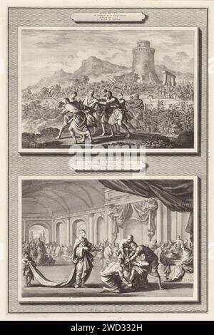 Somiglianza tra gli inquilini del vigneto e la parabola del matrimonio reale, Jan Luyken, 1700 stampa due spettacoli su un piatto. Sopra: La presentazione della parabola dei locatari del vigneto. In primo piano, il figlio del proprietario di un vigneto viene assassinato dagli inquilini. Sullo sfondo il vigneto, dove uno dei proprietari del proprietario fugge per gli inquilini. Qui sotto: Una scena dalla parabola del matrimonio reale. Uno degli ospiti è venuto alla festa senza un abito da sposa. Il re dà l'ordine di legare all'ospite mani e piedi e di buttarlo fuori dalla stanza. Giornale di Amsterdam Foto Stock