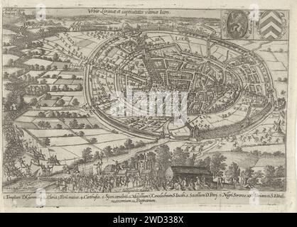 Lier presa e abbandonata dall'Esercito di Stato, 1595, Anonimo, 1595 - 1597 stampa la città di Lier presa e lasciata lo stesso giorno dall'Esercito Staatse, 14 ottobre 1595. I cittadini armati si stanno trasferendo da Anversa alla città, in primo piano, gli hamburger di Malines. Nella didascalia De leggenda 1-12 in latino. In alto a destra le armi della città e della provincia. La carta dei Paesi Bassi meridionali incide la cattura della città (dopo l'assedio) di Lier Foto Stock