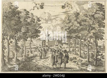 Camminatori e un castello, Cornelis Elandts, 1670 stampa tre uomini si fermano tra due file di alberi; uno guarda un documento, l'altro in direzione della città e il castello sullo sfondo, probabilmente una veduta di adesivo e il castello del cigno. Un uomo e una donna sono un po' più lontani. In aria un banderole senza testo. Il paesaggio dell'Aia con la sua torre o castello Foto Stock