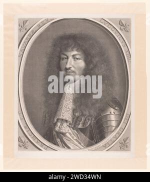 Ritratto di Lodewijk XIV, Robert Nanteuil, 1664 stampa France paper Engraving Historical Persons. re. fleur-de-lis  ornamento Foto Stock