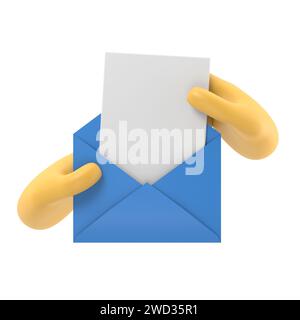 Icona Cartoon Gesture Mockup.Hand preleva dalla busta un foglio di carta vuoto. concetto di posta. Illustrazione 3d in stile piatto rendering 3D su sfondo bianco Foto Stock