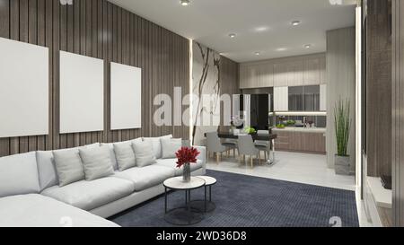 Design moderno di soggiorno e sala da pranzo con pannello in legno su fondo Foto Stock