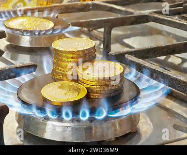 Primo piano di una stufa a gas illuminata che brucia euro, concetto di gas troppo costoso. Foto di alta qualità Foto Stock