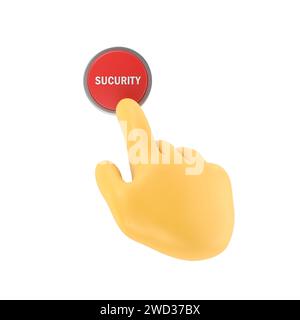 Pulsante Security (sicurezza). Mano che preme il pulsante rosso. Premere il dito. illustrazione 3d disegno piatto. Inizio azione, concetto. SOS icon.rendering 3D su sfondo bianco Foto Stock