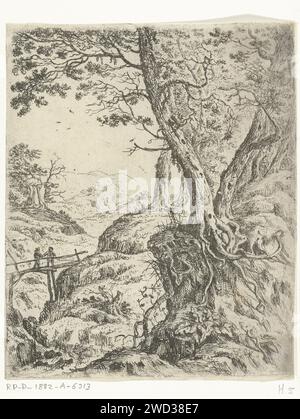 Paesaggio con ponte di legno, Willem von Bemmel, 1645 - 1655 stampa paesaggio con un ponte di legno con due camminatori sulla sinistra. A destra due alberi su una roccia. Germania (forse) paesaggi di acquaforte della carta nella zona temperata Foto Stock